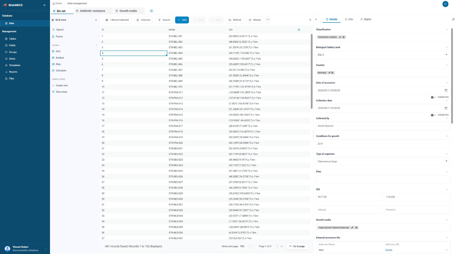 Grid view — strain records with GIS and details