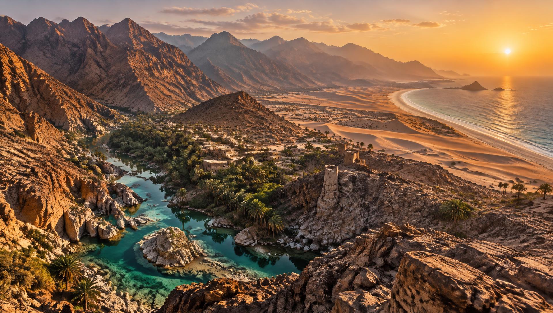 Al Hajar mountains, a wadi oasis and the Omani coastline at sunset